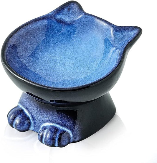 Nihow Slanted Elevated Cat Bowls: 5 Inch Ceramic Raised Cat Food Bowl for Protecting Pet's Spine - Microwave & Dishwasher Safe -Elegant Blue & Black (4.5 OZ /1 PC)