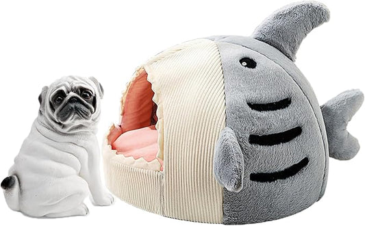 Shark Cat House, Shark Shaped Kennel, Kitten Bed Hideout House, Covered Shark Head Shaped Indoor Pet Nest for Cat, Small Dogs (Grey, M(17 * 16 * 12.6 in))
