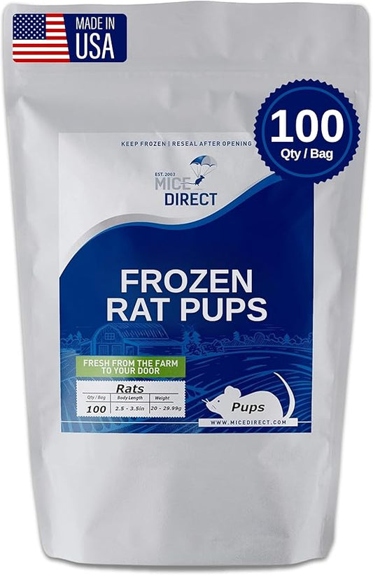 MiceDirect Frozen Rat Pups Feeder Food Adult Corn Snakes Juvenile Adult Ball Pythons Monitor Lizard (100 Count)