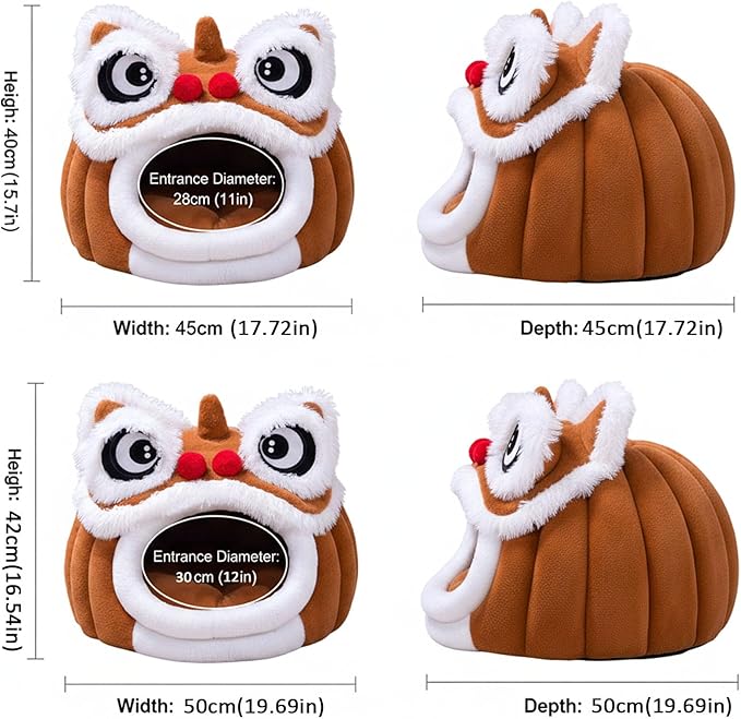 Cute Lion Head Pet Beds for Cats, Chinese Lion Dance Lion Cats Bed, Soft Cozy Plush Cat House & Dog Cave with Cushion for Small Medium Cats Dogs (Coffee,M)