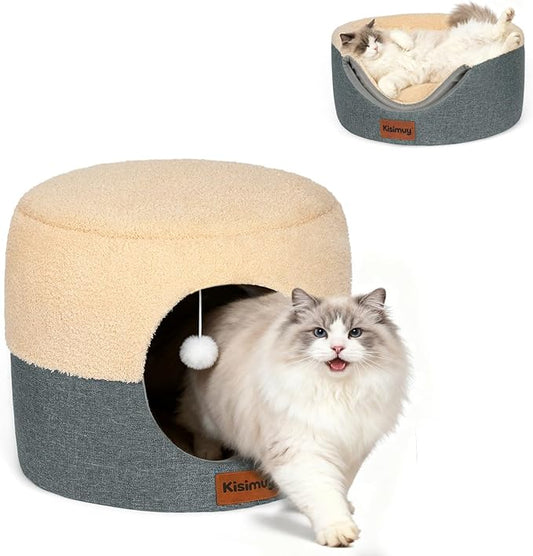 Cat Cave Bed for Indoor Cats, 2-in-1 Calming Anti-Anxiety House & Lounger, Durable Cozy Round Pet Bed with Cushioned Pillow & Anti-Slip Bottom for Small Dogs, 19.7 inches