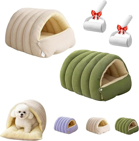 Removable and Washable Winter Closed-Off Cat Bed, Cat Winter Cave, Cute Cat Beds for Indoor Cats, Disassembled Design for Easier Cleaning, with Hair Remover (Green+Beige, 22.4 * 14.6 * 11.0 in)
