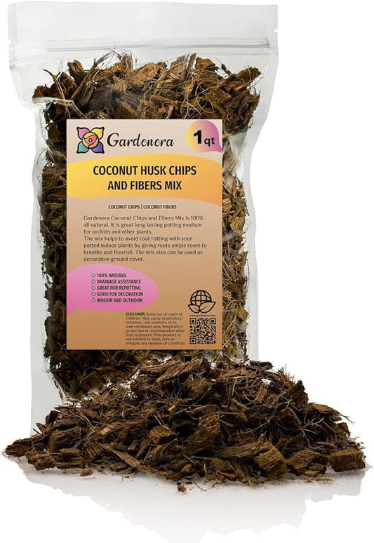 Premium Coconut Husk Chips and Fibers Mix for Orchids, Houseplant, Monstera and Fiddle Leaf Fig by GARDENERA (1 Quart Bag)