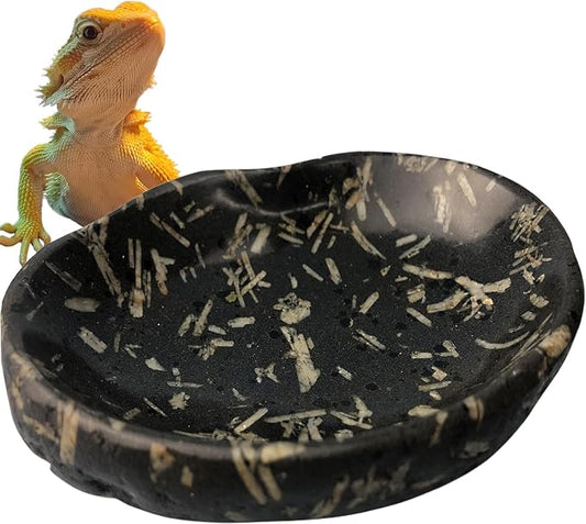 Natural River Stone Reptile Food Bowl - Handmade Pebble Dish for Reptiles, Amphibians, Hedgehogs, and Small Pets - Unique Size, Shape & Color - Water & Food Bowl (Black)