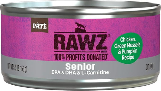 Rawz Natural Premium Pate Canned Cat Wet Food - Made with Real Meat Ingredients No BPA or Gums - 5.5oz Cans 24 Count (Chicken & Green Mussels for Seniors)