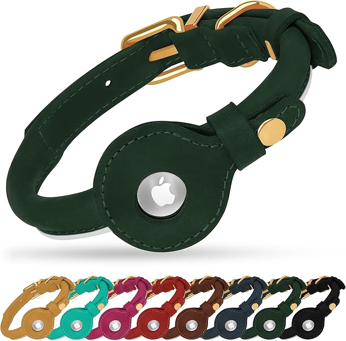 OOPSDOGGY Rolled Leather Dog Collar with Airtag Holder - Reflective Round Airtag Dog Collar - Soft Tracking Pet Collar for Small Dogs Puppy Cats Kitten (Green, M, 12"-15")