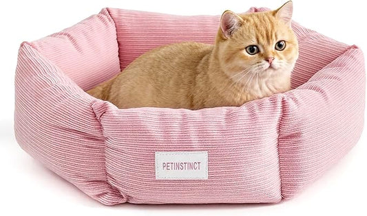 Cat Bed, Washable Orthopedic Cat Beds for Indoor Cats, Soft Donut Calming Pet Bed for Puppy and Kitten with Anti Slip Bottom, Small Dog Bed, 21.7x21.7x5.9 in, Pink