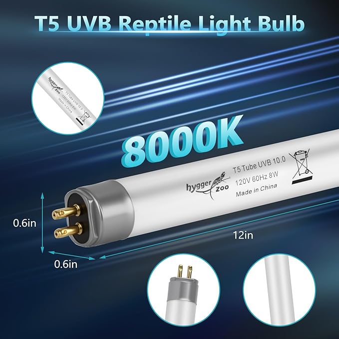 T5 UVB Reptile Light 8W 10.0 + UVA Light Bulb for Reptiles, 2-Pack Lamp Tube for Bearded Dragon, Desert-Grade Reptile UVB lamp Fixture