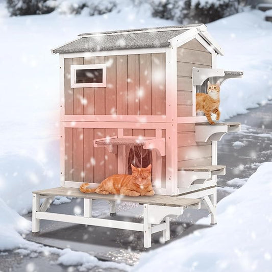 Insulated Cat House for Winter, Wood Two Story Outdoor Cat House Weatherproof with Cat Scratching Cloth, 3 Jumping Platforms, 3 Doors, Outside Indoor Clawsable Feral Cats Shelter for Small Animals