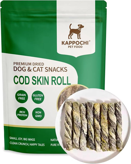 Freeze Dried Cod Skin Roll Dog Treats, Cat Treats, Rich in Omega-3, 3.5 Ounce (100.0g), Single Ingredient, High Protein Chew Snacks, Natural & Raw, No Additives, Grain Free, Gluten Free