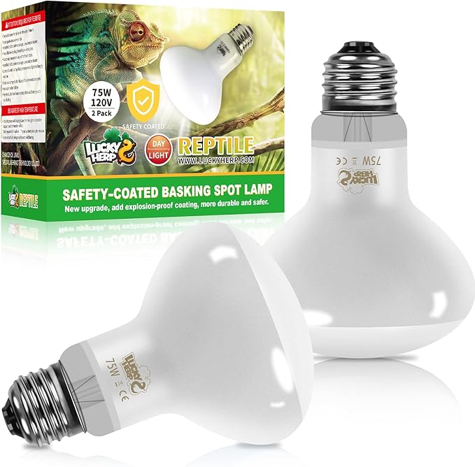 LUCKY HERP New Upgrade 75W Reptile Heat Lamp Bulb (3rd Gen, Safer), Amphibian Basking Spot Light Bulb, UVA Reptile Daylight Bulb for Turtle, Bearded Dragon, Lizard Heating Use (2 Pack)