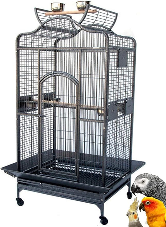 Extra Large Elegant Wrought Iron Open/Close Dome Top Perch Stand Bird Parrot Finch Macaw Cockatoo Rolling Cage (BlackVein, 35.5" W x 29.5" D x 62" H)