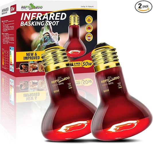 REPTI ZOO Reptile 50W Infrared Heat Lamp Bulb,2 Pack Infrared Basking Spot Light for Reptiles & Amphibian,Bearded Dragon,Leopard Gecko,Turtle,Lizard,Chickens | Pet Brooders Night Heat Lamp