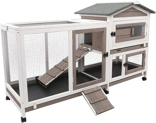 Rabbit Hutch Indoor Outdoor 2 Story Bunny Cage with 3 No Leak Trays,55.31" L Guinea Pig Cages Rabbit Cage with 6 Wheels for Guinea Pig,Rabbit for Rabbit Lover|Pet Lover(White/Grey)