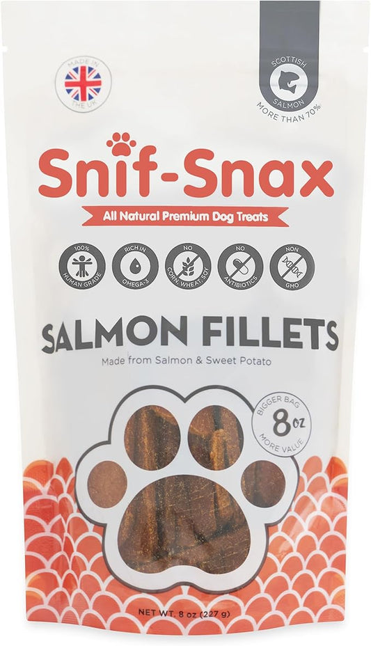 Snif-Snax Salmon Fillets Dog Treats (8oz) – All Natural Human Grade Grain Free Training & Reward – Protein Rich Salmon Sticks for Dogs, Healthy Puppy Treats, Soft Jerky-Style Strips
