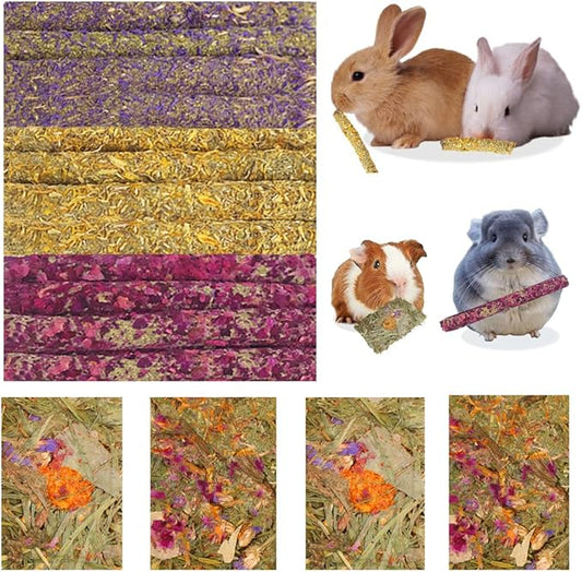 Abizoo 16 Packs Bunny Flower Chew Toys, Natural Rabbit Sticks + Herbal Floral Scent Timothy Hay Treats for Guinea Pig Chinchilla Hamster Rat Degus Gerbil Food Molar Cage Accessories Snack