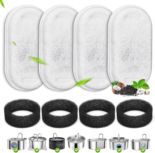 4 Pack Cat Water Fountain Filters Replacement & Pre-Filter Sponges for 3.2L/108Oz & 67oz/2L Stainless Steel Pet Fountain, Carbon Filters for Automatic Cat Water Dispenser