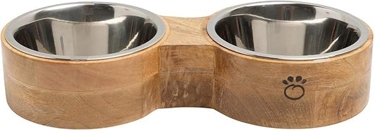 Luxury Elevated Dog Bowl Set - Mango Wood Stand with 2 Stainless Steel Food & Water Bowls - Raised Pet Feeder with Non-Slip Base, Modern Design for All Dog Sizes, Large 48oz