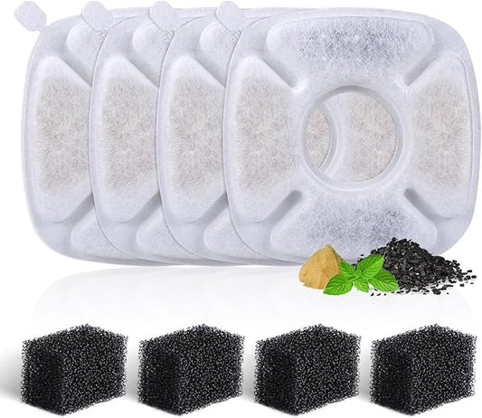 4 Pack Replacement Filters & Sponges Set for 67, 84, 95, 135oz Automatic Pet Fountain, Pet Fountain Replacement Filter, Triple Filtration Cat Water Dispenser Filters for Cats and Dogs