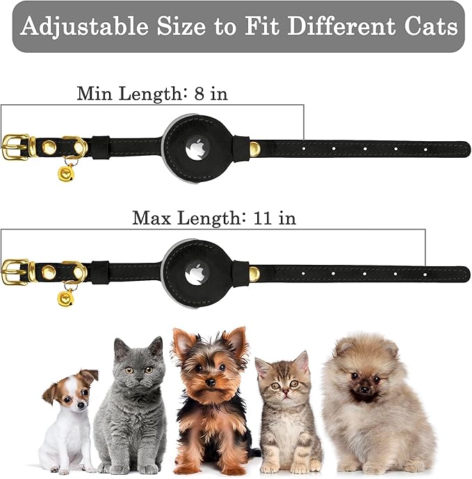 OOPSDOGGY Reflective Leather AirTag Cat Collar with Bell - Non Breakaway Adjustable Pet Collar with Apple Air Tag Holder - Lightweight GPS Kitten Collars for Small Dogs Puppy (Black)