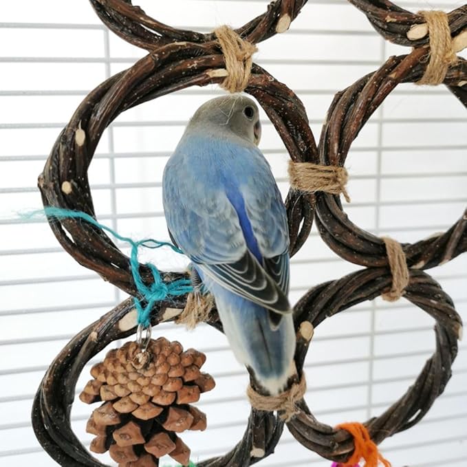 Circle Straw Bird Swing Stand Bird Perches Stand Hanging Chewing Toy for Parrots Bird Playground Cage Accessories Climbing Rope Net Ladders for Foraging Toys（Random Color） (5 Ring Single Row)