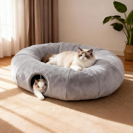 Luxury Plush Cat Tunnel Bed, White Faux Fur, Large Indoor Cat Hideaway, Cozy Sleeping Cave