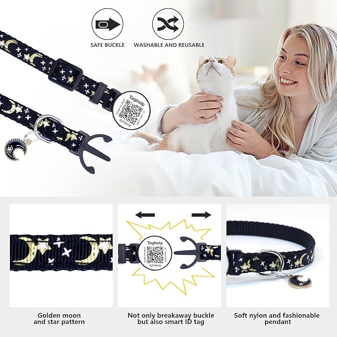 Cat Collar Stars and Moon, Reflective no Bell, Solid & Safe Collars for Cats, Nylon, Kitty Collars, Pet Collar, Breakaway Cat Collar with Smart ID Tags for Boy & Girl,NO APP (Purple)