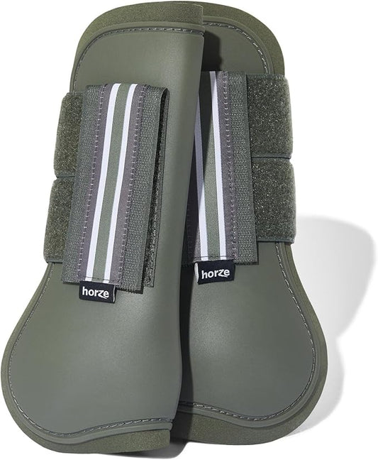 HORZE Adepto Open Front Tendon Boots | Durable Shell with Neoprene Lining - Beetle Khaki Green - Cob