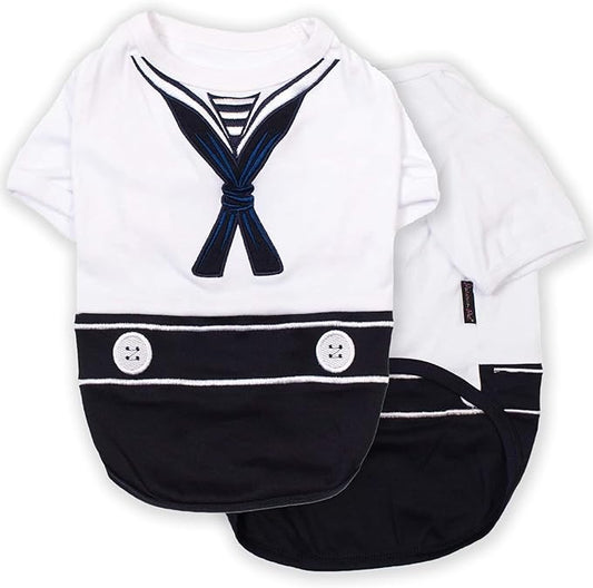 Parisian Pet Sailor Dog Costume - Embroidered Sleeved Dog Shirt - 100% Cotton & Polyester - Blue & White - XL