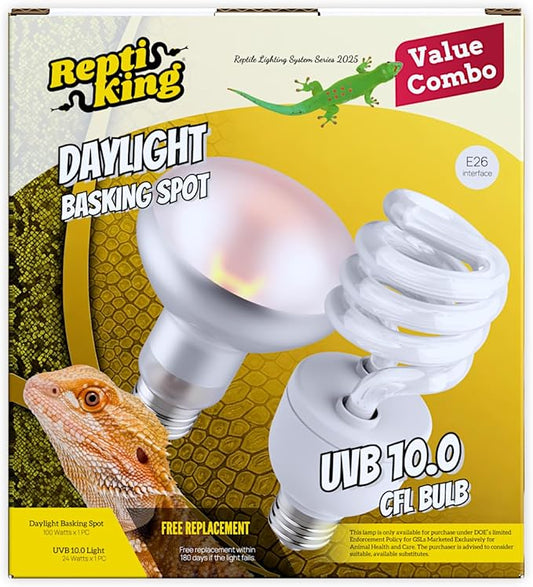 Reptile 100W Basking Spot Bulb & 10.0 24W UVA UVB Bulb Combo – Dual Pack Heat Lamp Bulbs for Reptiles & Amphibians, Heat Lamp for Bearded Dragons, Turtles, Tortoises, Snake Tank Accessories