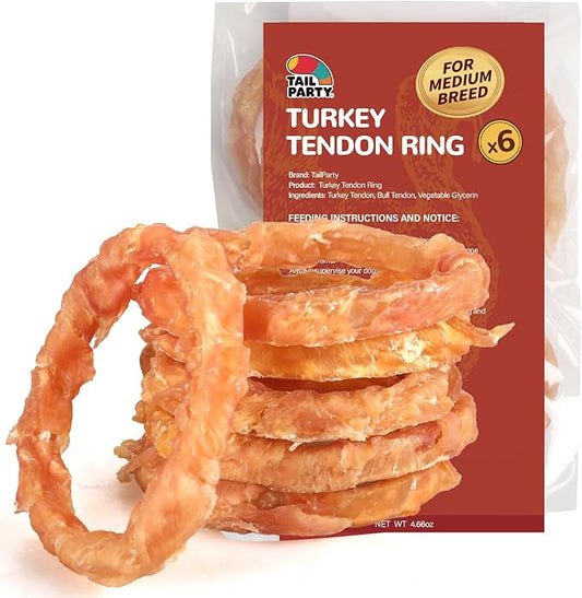 TailParty Turkey Tendons for Dogs, 4.66 oz, Dog Training Treats, Natural Long-Lasting Chew Snacks, High-Protein Beef Tendons, Healthy Hypoallergenic Turkey Ring(6 Units/Pack)