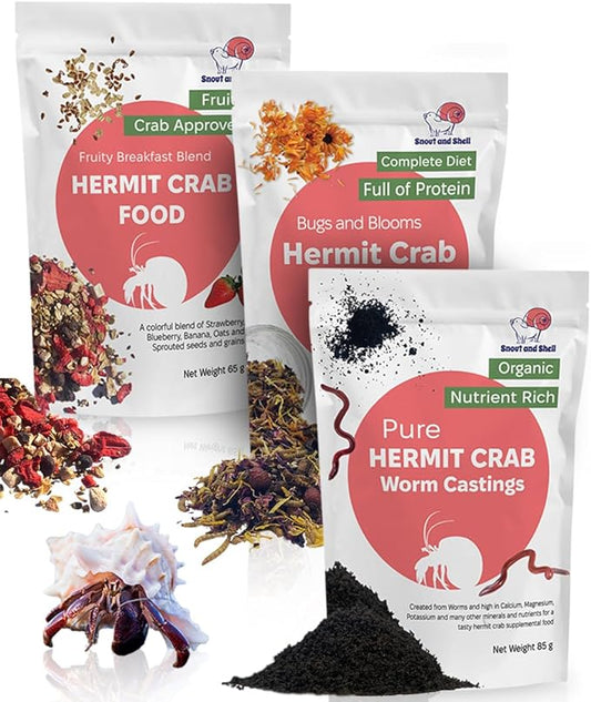 Snout and Shell Hermit Crab Food Variety Pack – Fruity Breakfast, Bugs & Blooms, and Organic Worm Castings – High-Protein, Nutrient-Rich Diet with Fruits, Seeds, Bugs & Minerals – All-Natural, Non-GMO