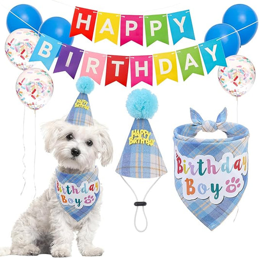SCENEREAL Dog Birthday Bandana Hat Set, Puppy Birthday Party Supplies for Boys Dogs, Pet Birthday Scarf Outfit with Sign Banner and Balloons for Small Medium Large Dogs