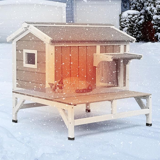 Small Insulated Cat House Weatherproof, Wooden Feral Cat House Outdoor with Cat Scratching Cloth, Balcony, Internal Dividers, Outside Indoor Cats Shelter with PVC Curtain Door, Openable Roof, Grey