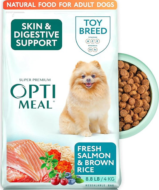Optimeal Toy Breed Dry Dog Food – Small Kibble for Small Dogs, High Protein, Natural Ingredients, Skin & Digestive Support, Premium Nutrition – Salmon & Brown Rice, 8.8 lbs