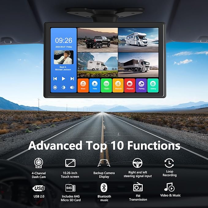 4 Channel Backup Camera System,Touchable 10.26 inch Monitor with DVR Stereo, 64GB Card, IP69 Waterproof, Nightvision 1080P Backup Camera for RV/Truck/Trailer Pickup,Rear Side Front Wired System