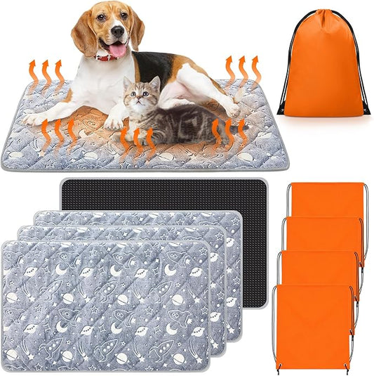Riakrum 4 Pack Self Warming Cat Mat Heating Cat Bed 24" x 18" Thermal Dog Self Warming Pad Pet Heating Pad Non Slip Bottom Washable with Storage Bag for Indoor Outdoor Kitten Pet(28 x 45 Inches)