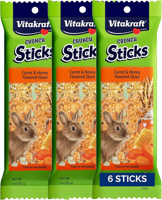 Vitakraft Crunch Sticks Rabbit Treat - Triple-Baked Rabbit Chews with Natural Wood Center - Crunchy & Nutritious Treats for Small Animals (Carrot and Honey, Pack of 6)