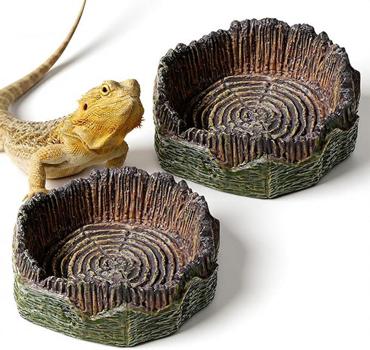 2 PCS Small Reptile Food Dish Reptile Water Dish Food Bowl Reptiles Feeding Foods Resin Terrarium Bowl for Bearded Dragon Gecko Frog Snake Chameleon Tortoise