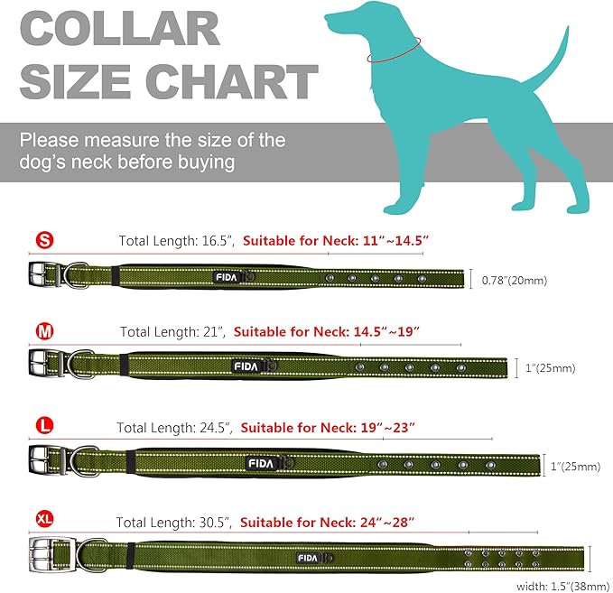 Fida Heavy DutyDog Collar for Large Dogs, Ultra Comfortable Soft Neoprene Padded, Adjustable Reflective Nylon Pet Collar with Durable Metal Belt Buckle for Extra Large Breeds(XL, Green)