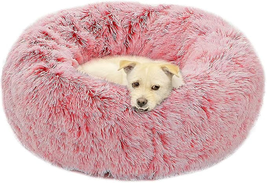 Dog Bed Large, Soft Round Cuddler Dog Beds Fluffy Plush Faux Fur Pet Beds, Anit-Anxiety Self-Warming Comfy (28", Dark Pink)
