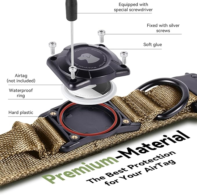 2025 Upgrade Waterproof AirTag Dog Collar, Military Tactical Dog Collar with AirTag Holder, Comfortable Control Handle and Metal Buckle, GPS Dog Collar Holder for Medium to Large Dogs (Khaki,L)