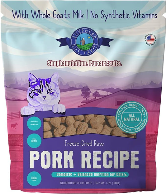 Shepherd Boy Farms Freeze-Dried Pork Cat Food – High-Protein, Grain-Free, Made with Organic Ingredients & Goat’s Milk (12oz)