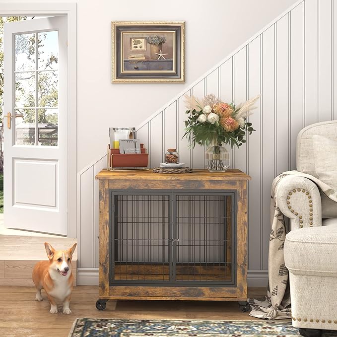 IchbinGo Dog Crate Furniture, Wooden Dog Crate Table, 31.5" Dog Kennel with 3 Doors, Flip-up Top Opening and Wheels, Decorative Pet Crate Dog House for Medium/Small Dog Indoor Use (Rustic Brown)