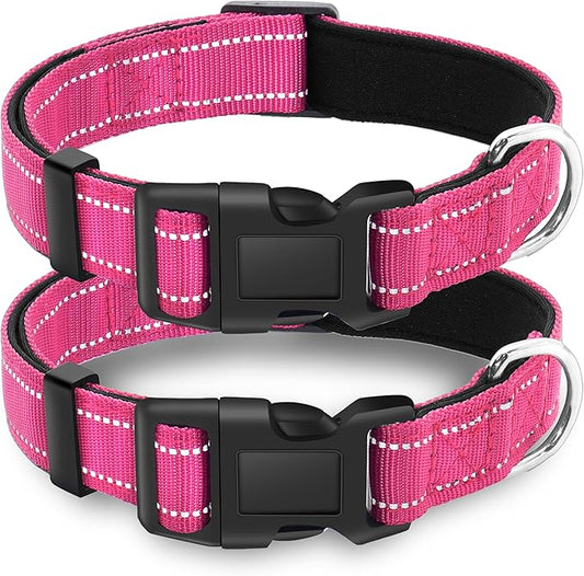 2 Pack Reflective Dog Collar with Safety Locking Buckle, Adjustable Soft Breathable Comfortable Nylon Pet Collar for Small, Medium and Large Dogs, Hotpink, S