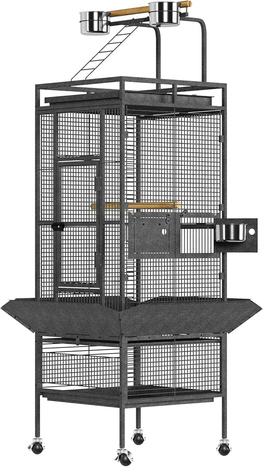 61" Cockatiel Cage, Flight Cage with Rolling Stand, Play Top & Bowls - Metal Large Bird Cages for Parakeets, Conures, Parrots - Exploding Silver