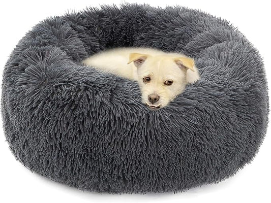 Calming Cat Bed, Soft Round Cuddler Dog Beds Fluffy Plush Faux Fur Pet Beds, Anit-Anxiety Self-Warming Comfy (20", Dark Grey)
