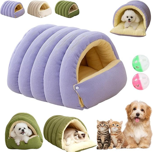 Expectation Cat Bed, Removable and Washable Winter Closed-Off Cat Bed, Soft Fluffy Warm Autumn/Winter Cats House, Washable Non-Slip Pet Sleeping Bag for Indoor Cats Small Dogs (Purple,Medium)