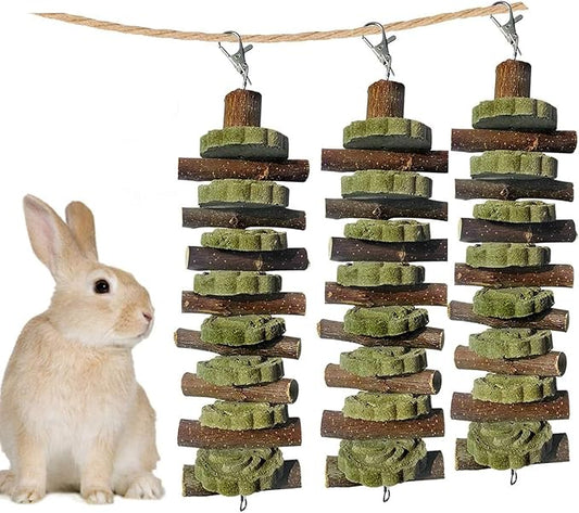 kathson 3 PCS Bunny Chew Toys for Teeth Grinding, Chinchilla Treats Organic Bamboo Sticks Natural Fruitwood Branches for Rabbits Guinea Pigs Hamsters (Fruitwood Sticks+Alfalfa Cakes)