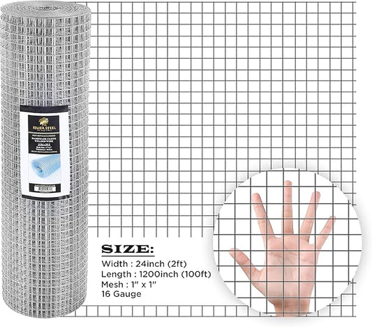 24” x 100 FT Hardware Cloth 1 inch Mesh 16 Gauge, Hot Dip Galvanised Wire Mesh, Rust Proof, Welded Cage Wire Rolls for Garden, Fence, Chicken, Rabbit, Pet Enclosures 24 x 100 (1 x 1)